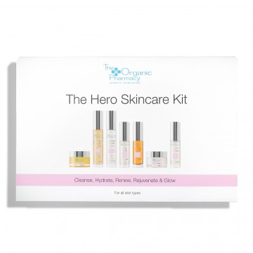 Kelioninis „The Organic Pharmacy“ veido odos priežiūros rinkinys The Hero Skincare Kit